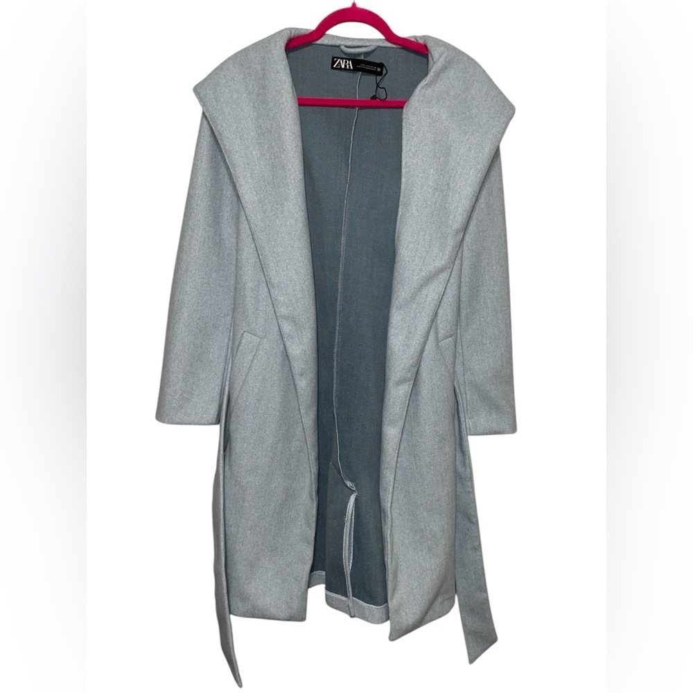 Zara Light Blue Long Sleeve Hooded Coat with Tie Belt Small
